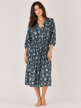 Lola Australia Blue Floral Cotton Midi Dress Gathered Waist LG
